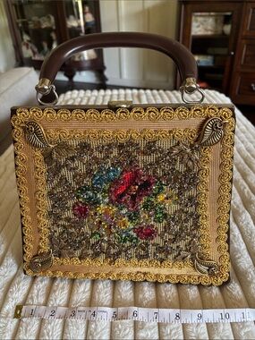 Vintage-Inspired Floral Beaded Top-Handle Bag in Gold and Brown